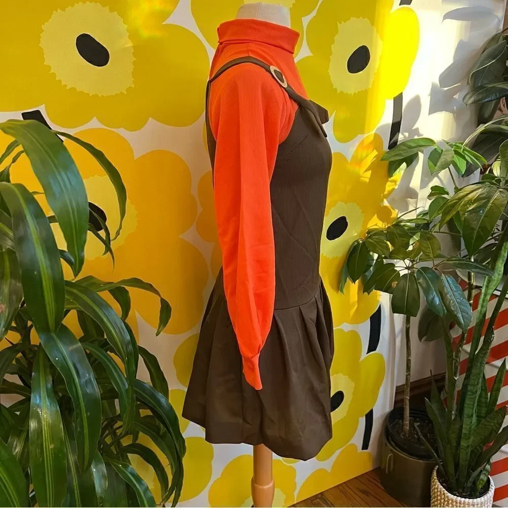 Vintage 1960s Unique Mock Neck Pinafore Twofer Pleated Balloon Gogo Dress